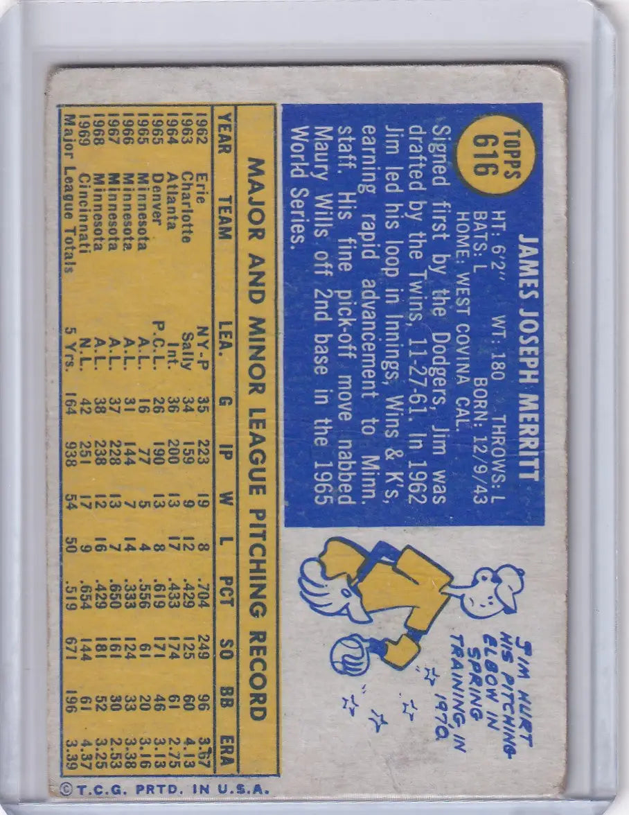 1970 Topps Baseball card of Jim Merritt with Cincinnati Reds stats and biography