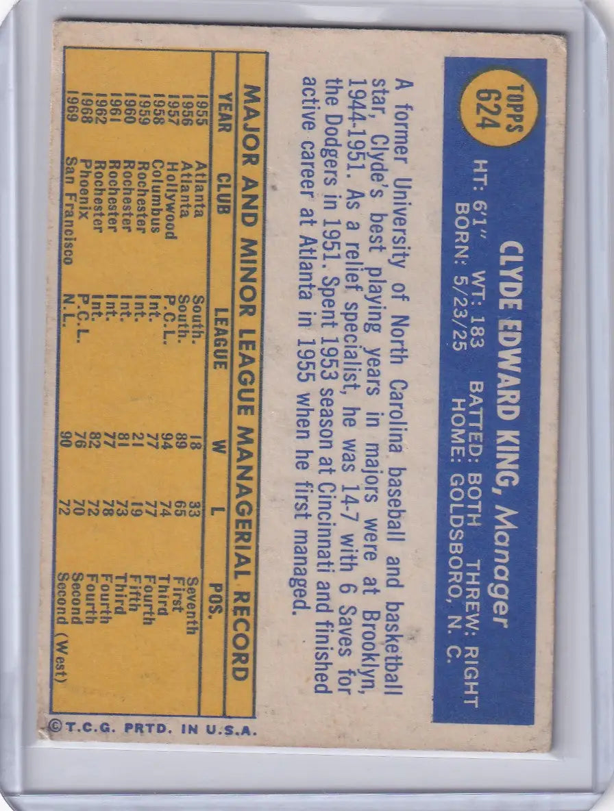 1970 Topps Baseball #624 Clyde King - San Francisco Giants - Baseball Card Single
