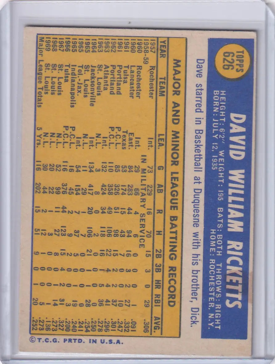 Vintage Topps Baseball card #626 featuring Dave Ricketts of the Pittsburgh Pirates