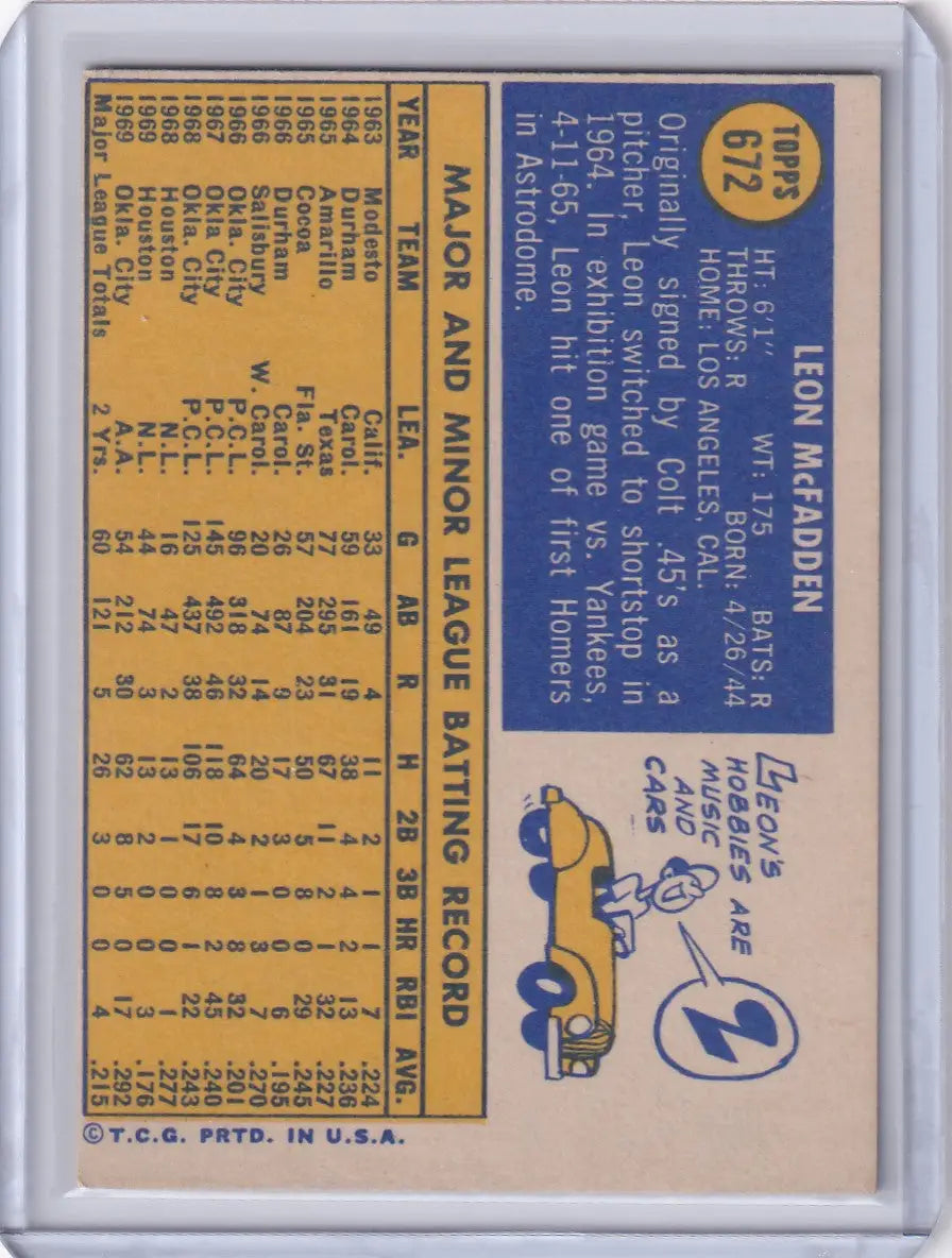 1970 Topps Baseball #672 Leon McFadden - Houston Astros - Baseball Card Single