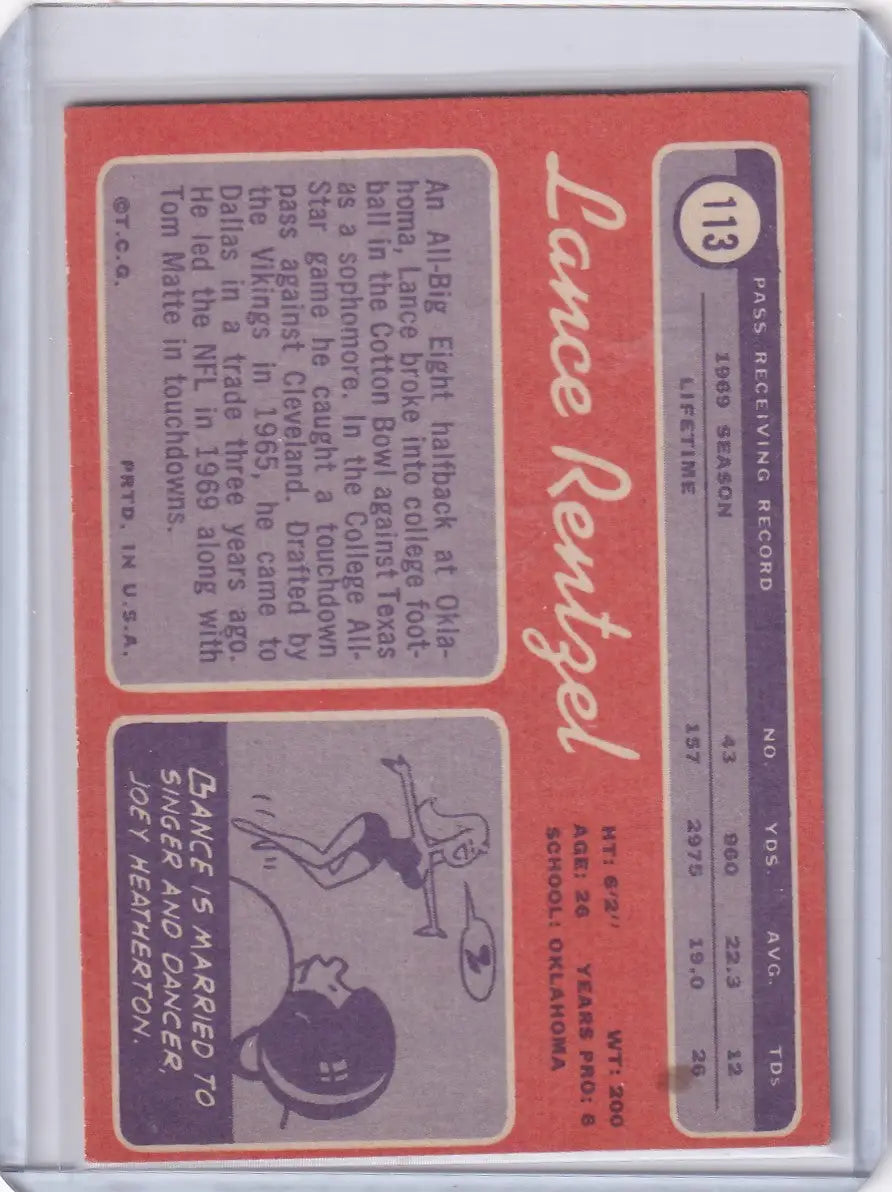 1970 Topps Football #113a Lance Rentzel Name Red - Dallas Cowboys - Football Card Single