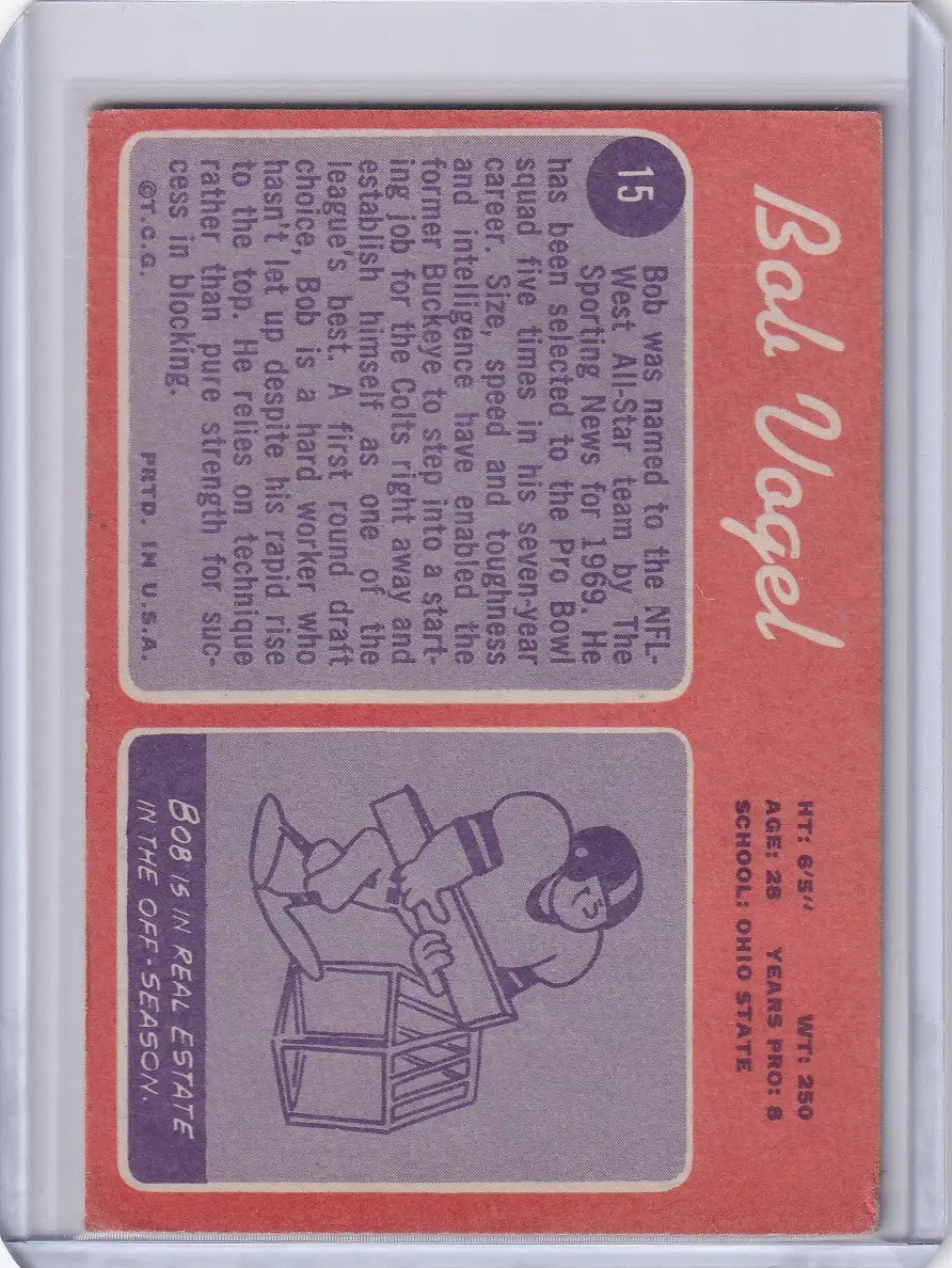 Baseball card of Bob Vogel from 1970 Topps Football featuring Baltimore Colts illustration