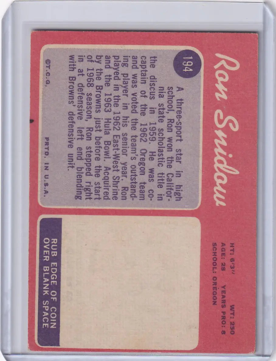 Topps Football card featuring Ron Snidow RC with a pink background and no player photo