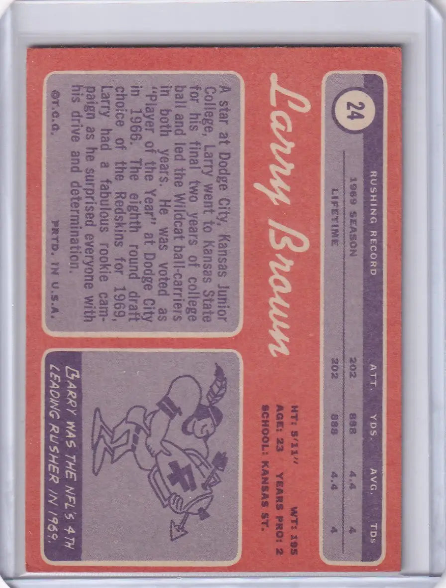 Baseball trading card of Larry Brown featuring player stats for Topps Football Redskins