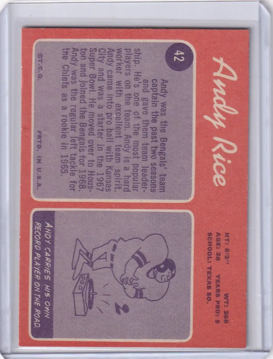 Trading card of Andy Rice from 1970 Topps Football, featuring Cincinnati Bengals background