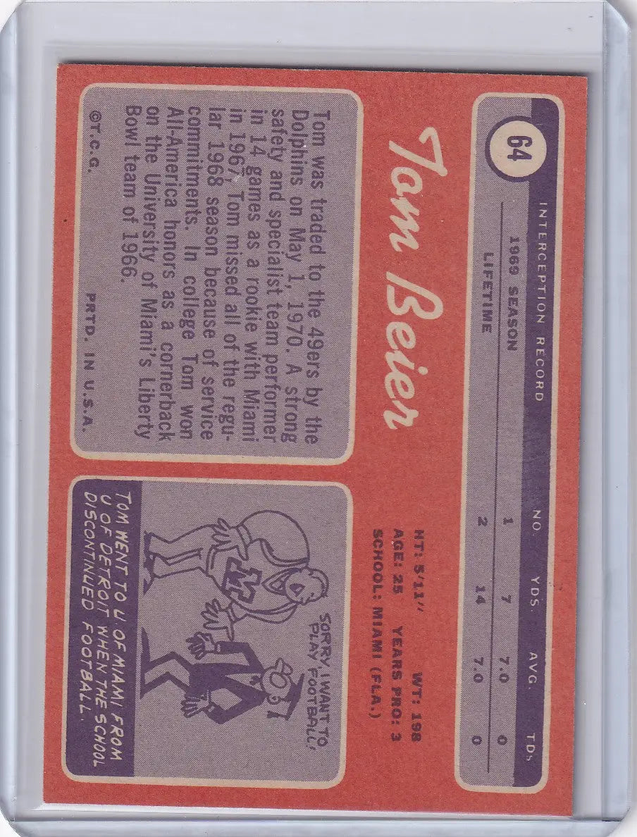1970 Topps Football #64 Tom Beier RC - San Francisco 49ers - Football Card Single