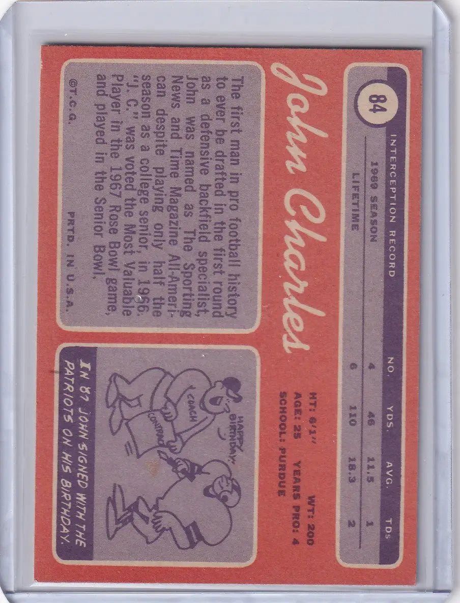 1970 Topps Football #84 John Charles - New England Patriots - Football Card Single