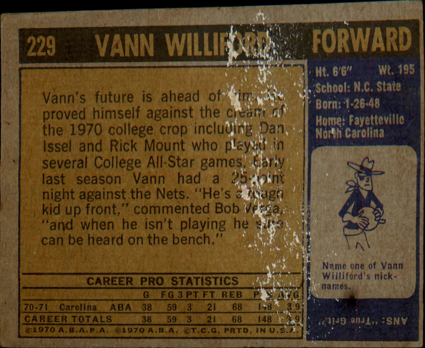 1971-72 Topps #229 Vann Williford Rookie Rookie - Basketball Card Single