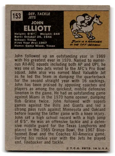 Vintage John Elliott football card with original gloss from 1971 Topps NY Jets
