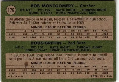 Baseball card back of 1971 Topps Red Sox Rookie Stars featuring Bob Montgomery