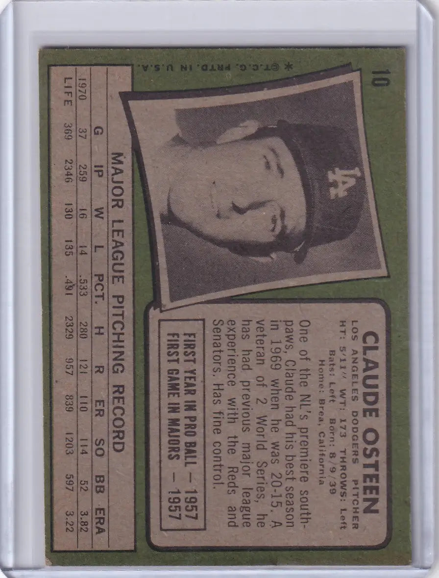 Baseball card of Claude Osteen, Los Angeles Dodgers player, 1971 Topps Baseball