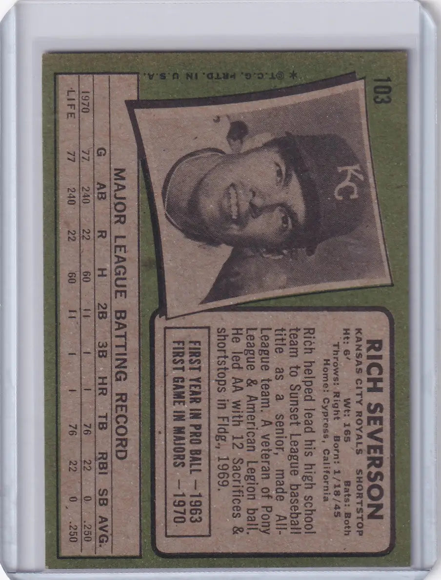 1971 Topps Baseball #103 Rich Severson - Kansas City Royals RC - Baseball Card Single