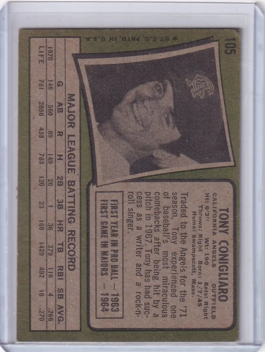 1971 Topps Baseball #105 Tony Conigliaro - California Angels - Baseball Card Single