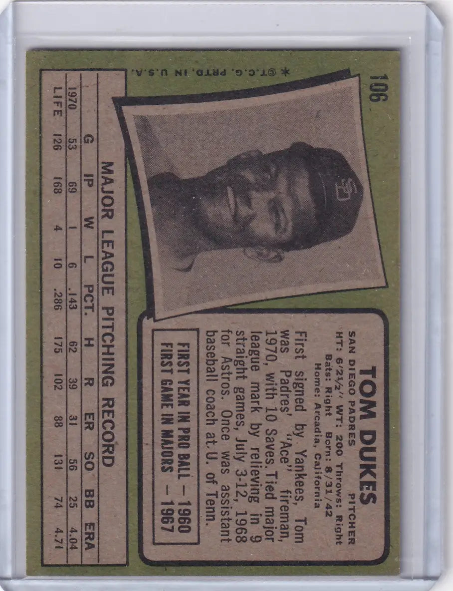 1971 Topps Baseball #106 Tom Dukes - San Diego Padres - Baseball Card Single