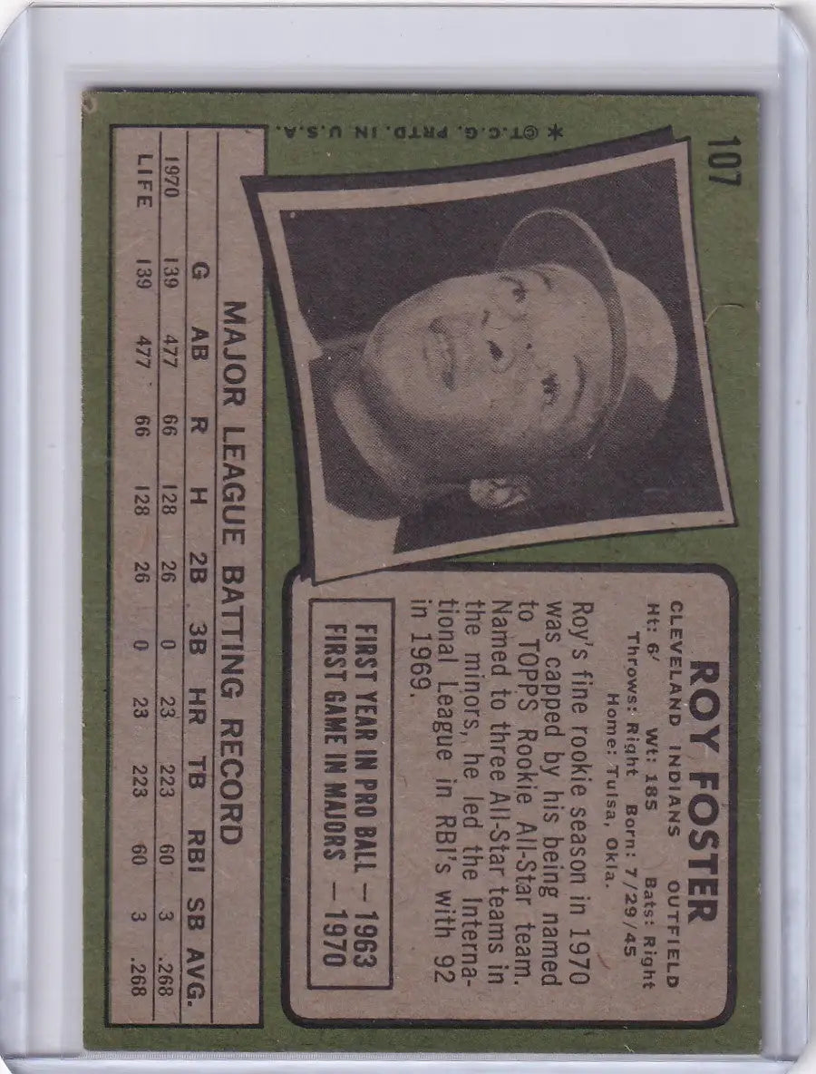 Vintage Topps Baseball card of Roy Foster with a black-and-white player portrait