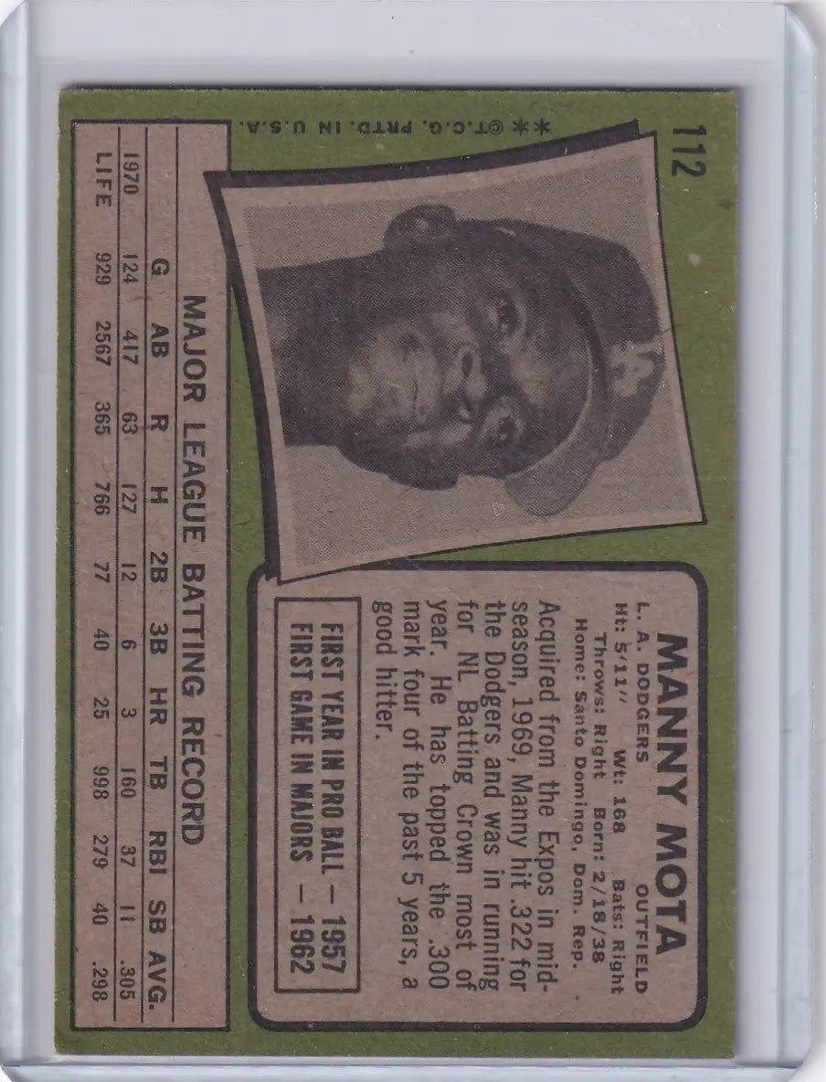1971 Topps Baseball #112 Manny Mota - Los Angeles Dodgers - Baseball Card Single