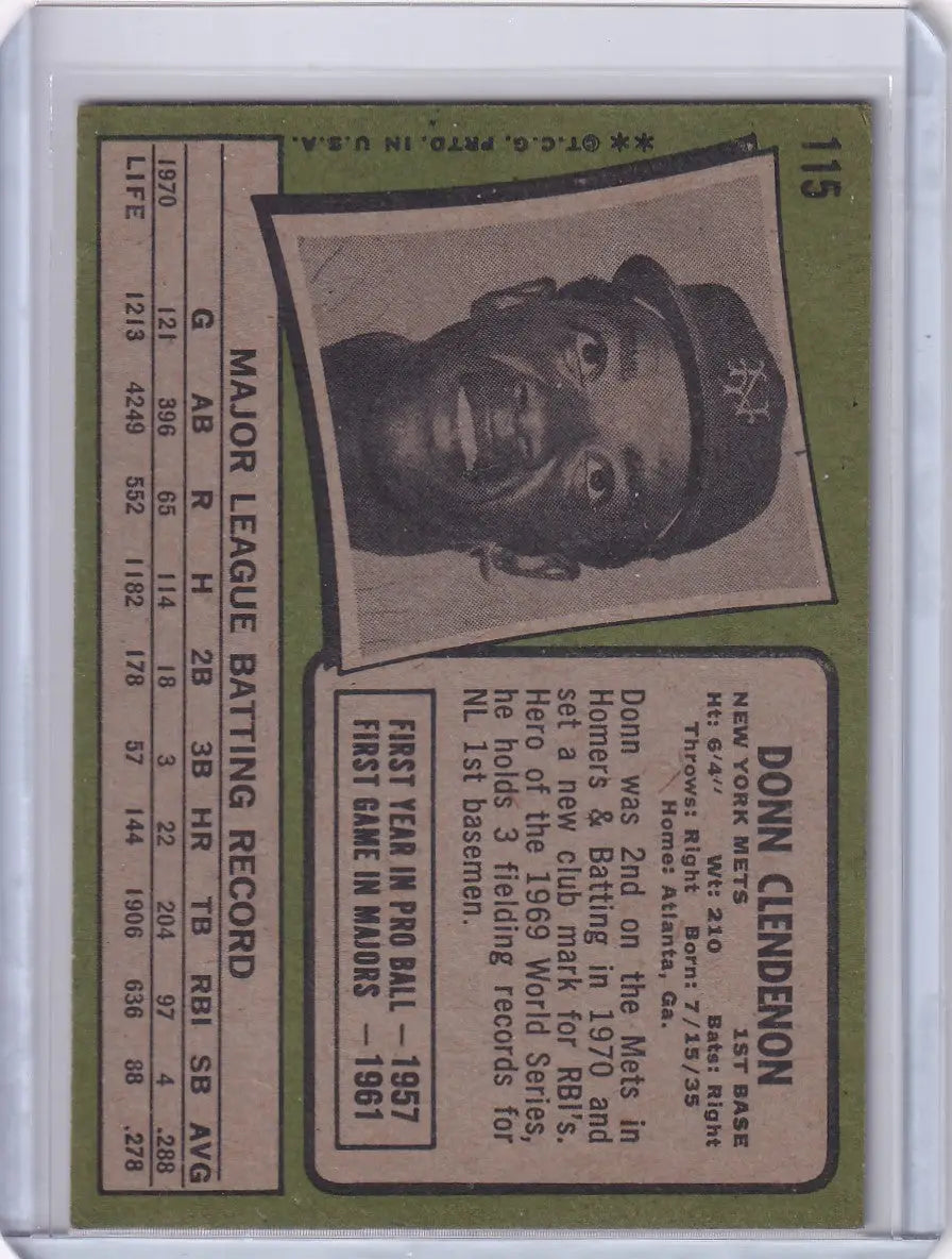 1971 Topps Baseball #115 Donn Clendenon - New York Mets - Baseball Card Single