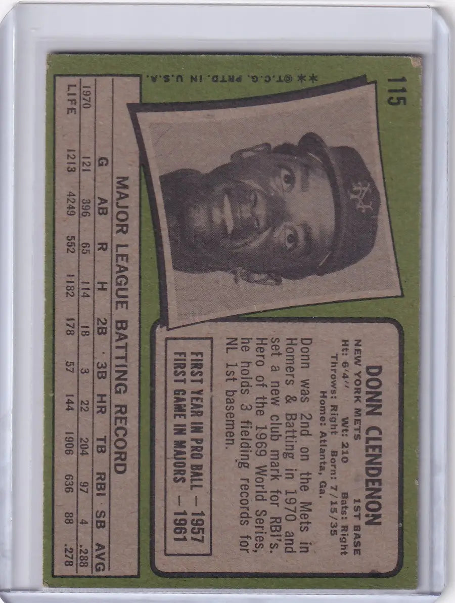 Vintage Topps Baseball card of Donn Clendenon with New York Mets green border design