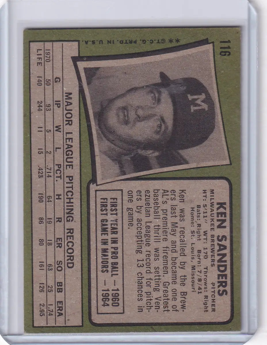 1971 Topps Baseball #116 Ken Sanders - Milwaukee Brewers - Baseball Card Single