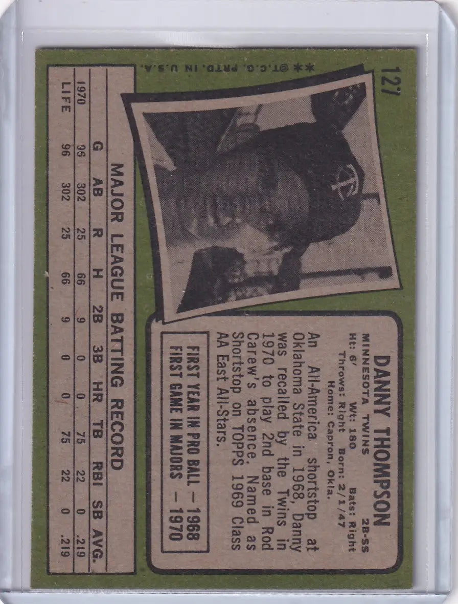 1971 Topps Baseball #127 Danny Thompson - Minnesota Twins RC - Baseball Card Single