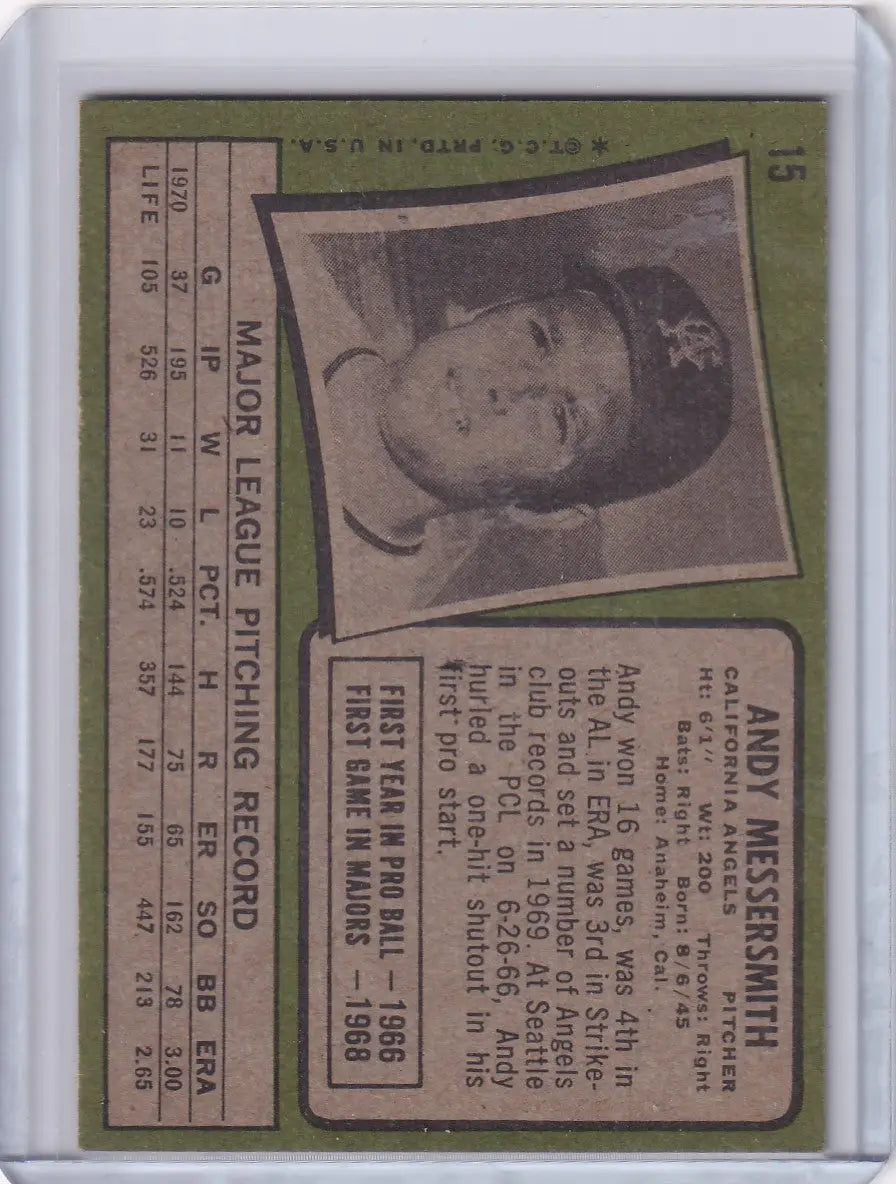 1971 Topps Baseball #15 Andy Messersmith - California Angels - Baseball Card Single