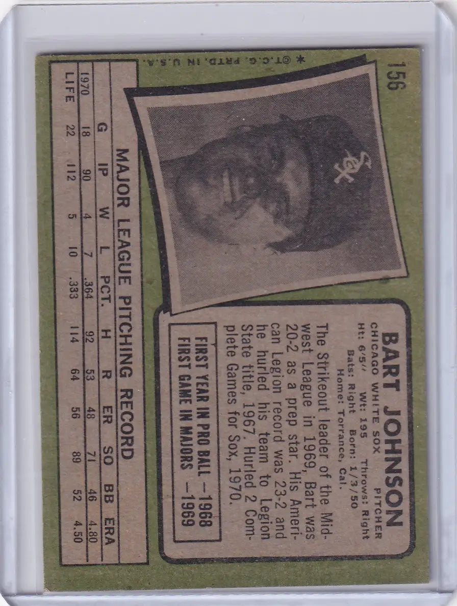 1971 Topps Baseball #156 Bart Johnson - Chicago White Sox - Baseball Card Single