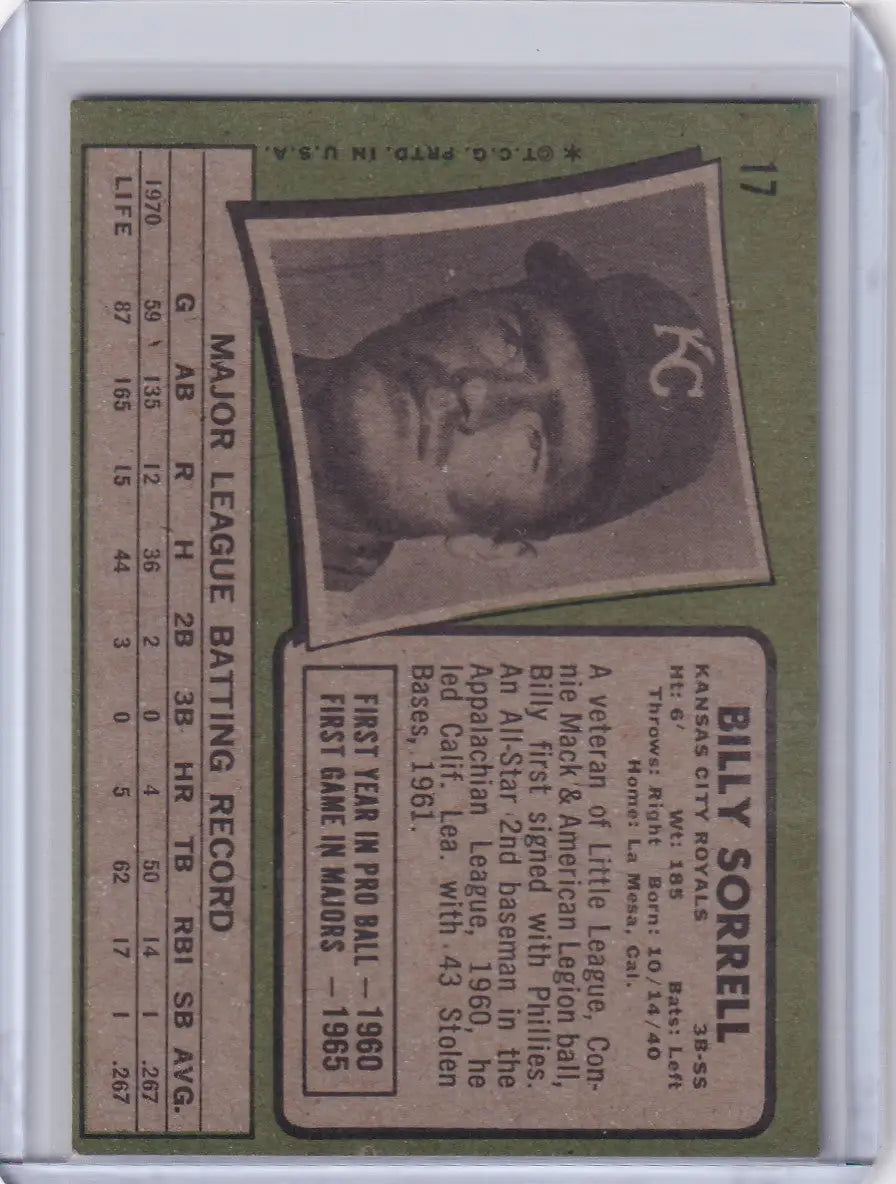 1971 Topps Baseball #17 Billy Sorrell - Kansas City Royals - Baseball Card Single