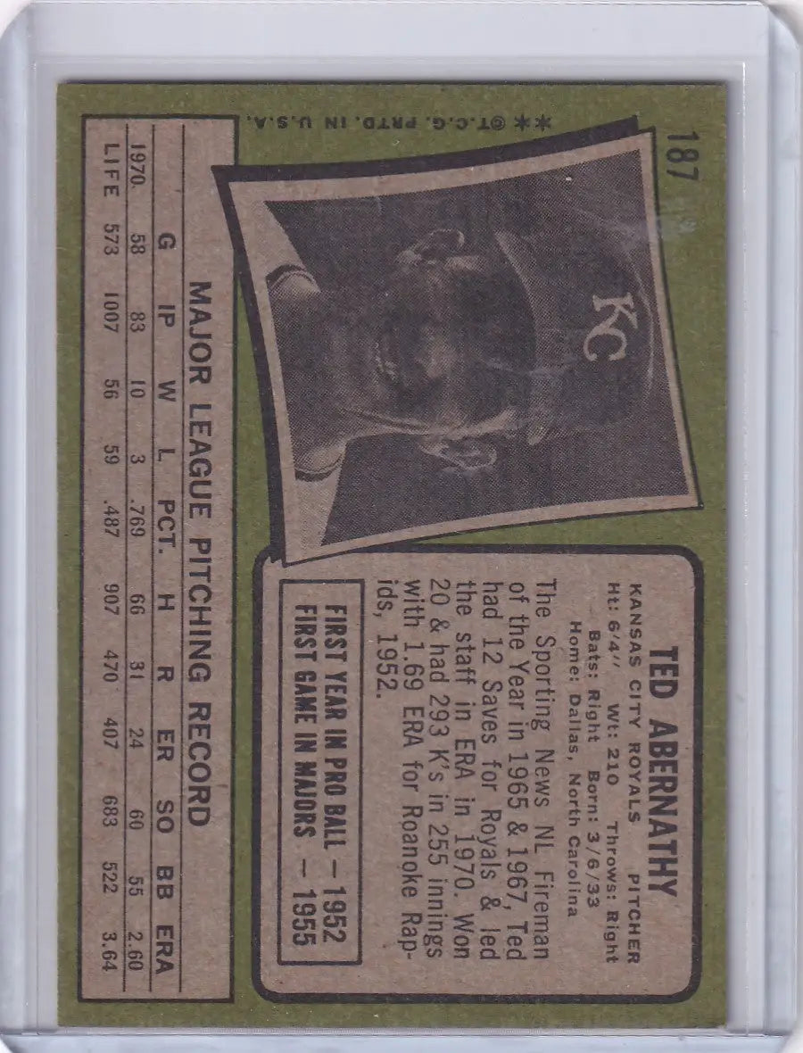1971 Topps Baseball #187 Ted Abernathy - Kansas City Royals - Baseball Card Single
