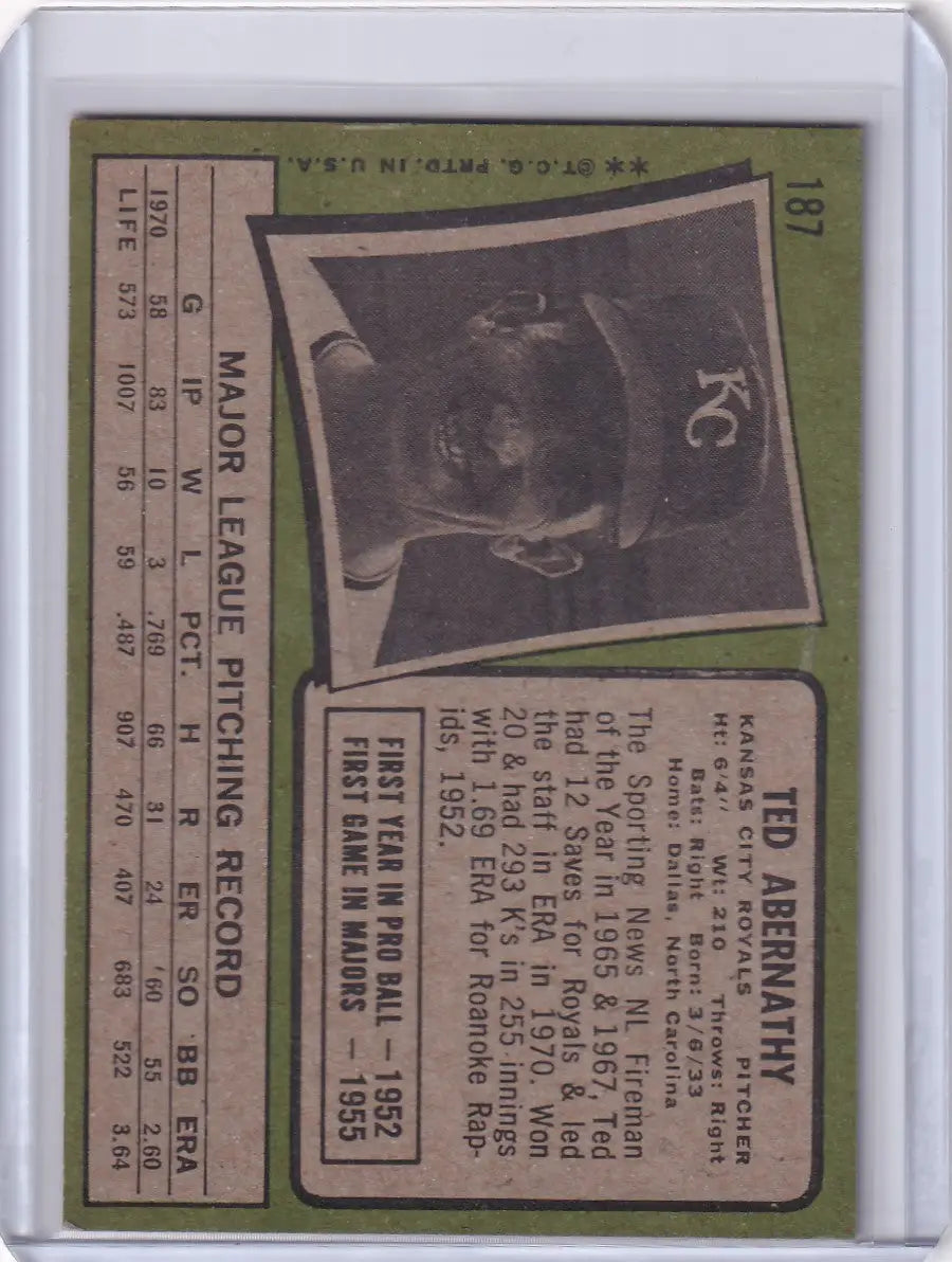 1971 Topps Baseball #187 Ted Abernathy card featuring Kansas City Royals player photo