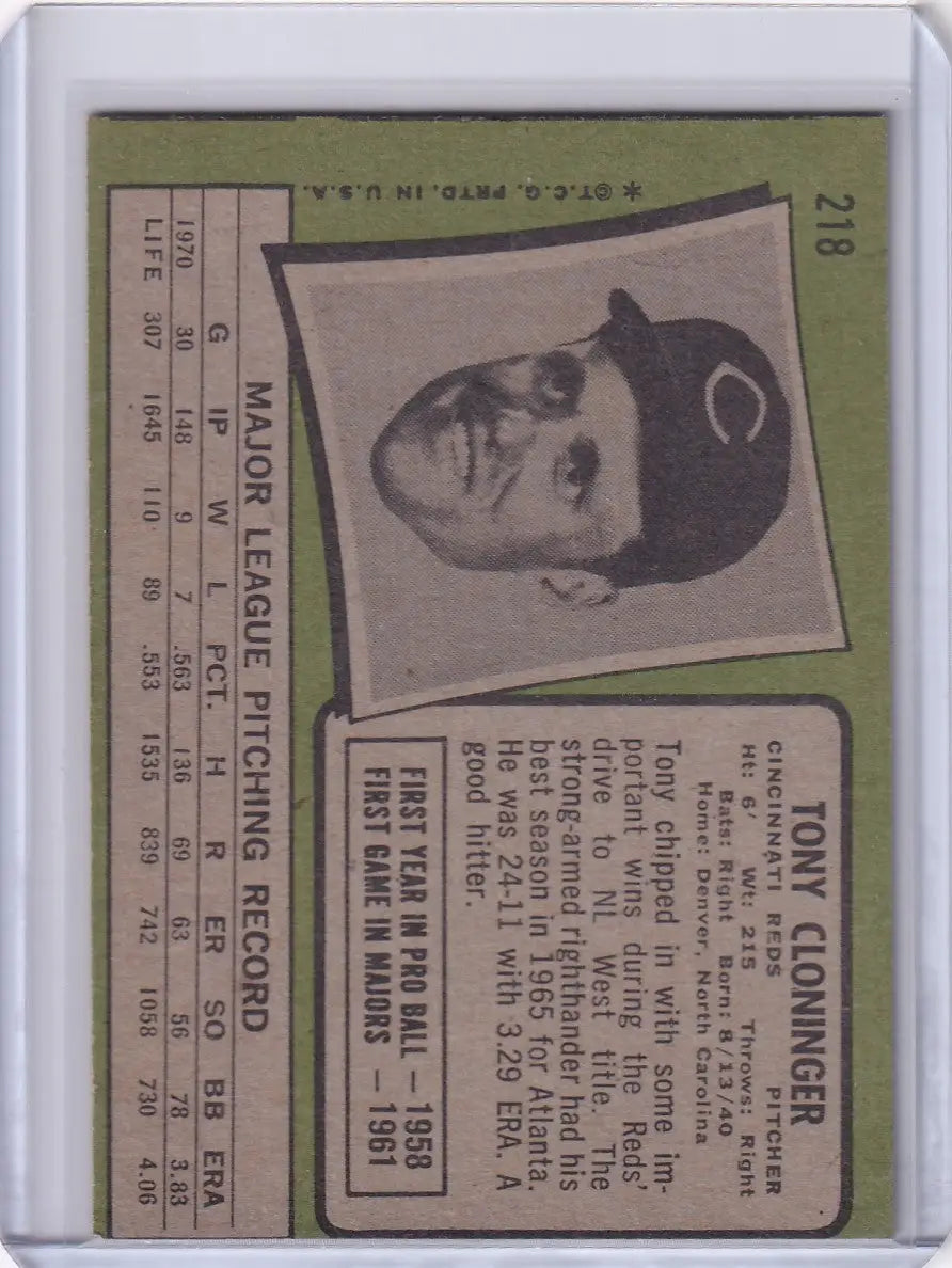 1971 Topps Baseball card of Tony Cloninger from Cincinnati Reds with black and white portrait