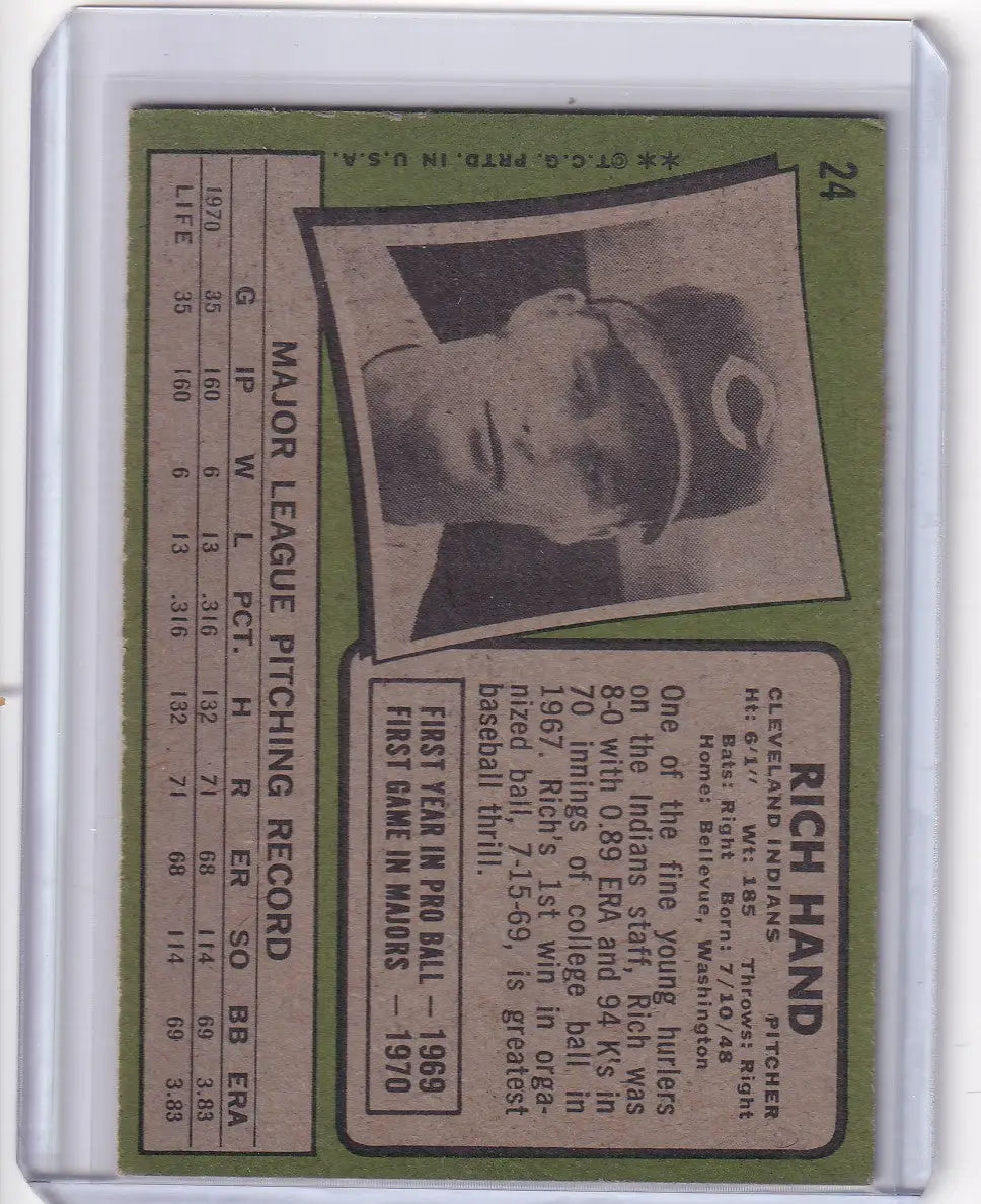 Baseball card of Rich Hand from Topps Baseball with Cleveland Indians stats on green background