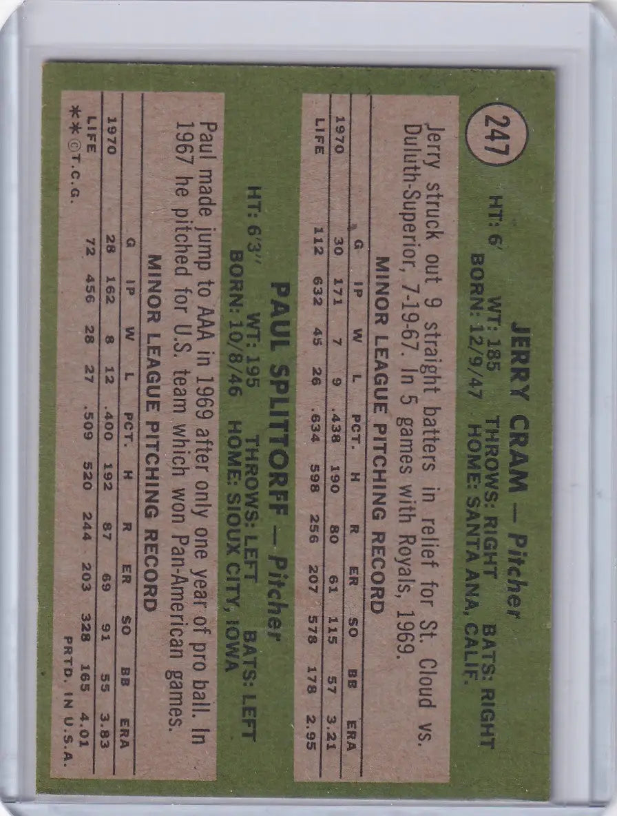 Vintage Topps Baseball card featuring Royals Rookies Jerry Cram and Paul Splittorff