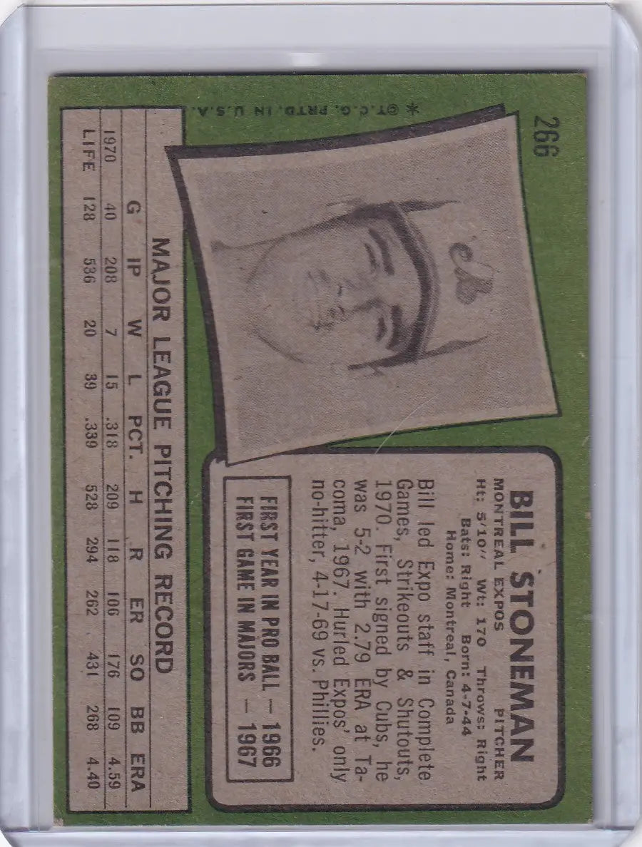 1971 Topps Baseball card of Stoneman - Montreal Expos with portrait and stats