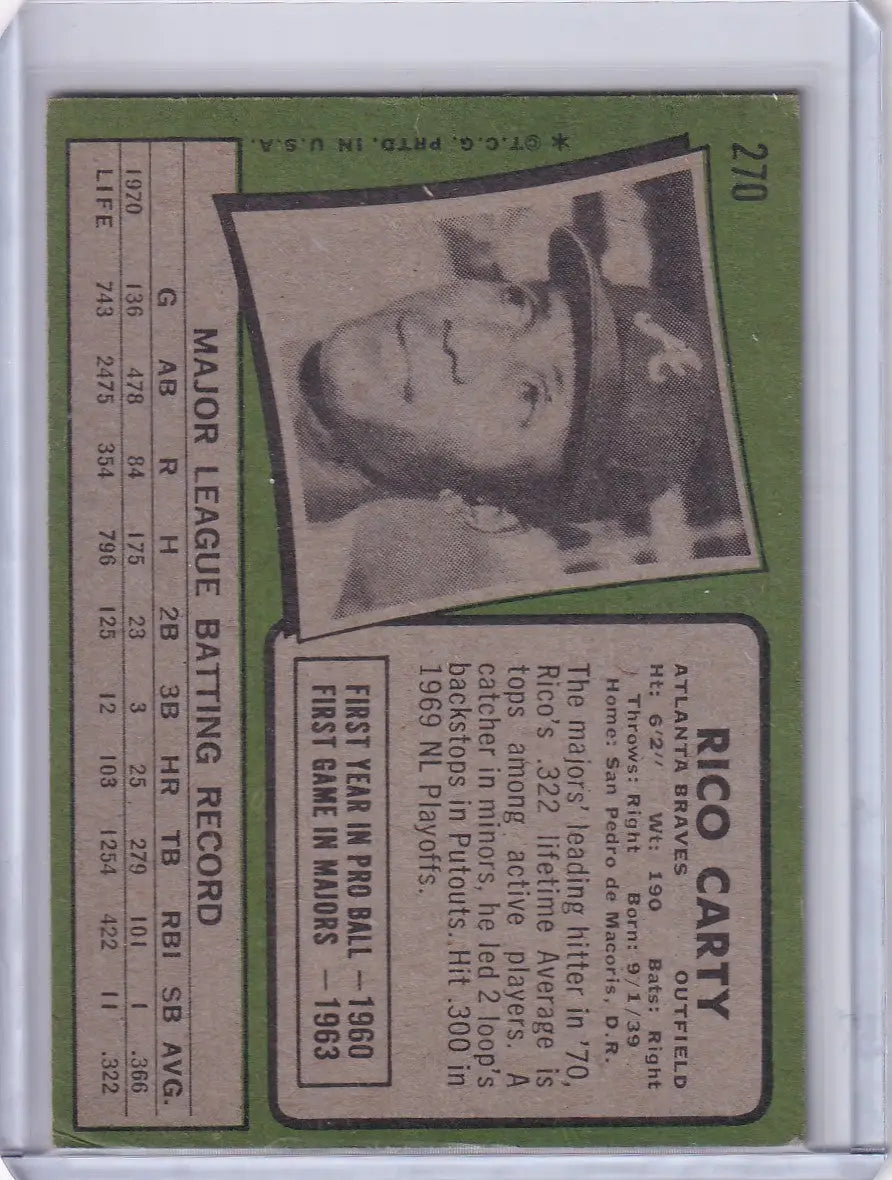1971 Topps Baseball #270 Rico Carty - Atlanta Braves - Baseball Card Single