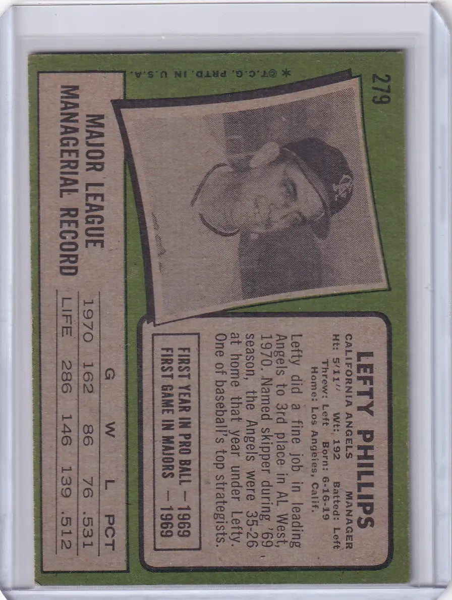 1971 Topps Baseball card of Lefty Phillips featuring California Angels player info