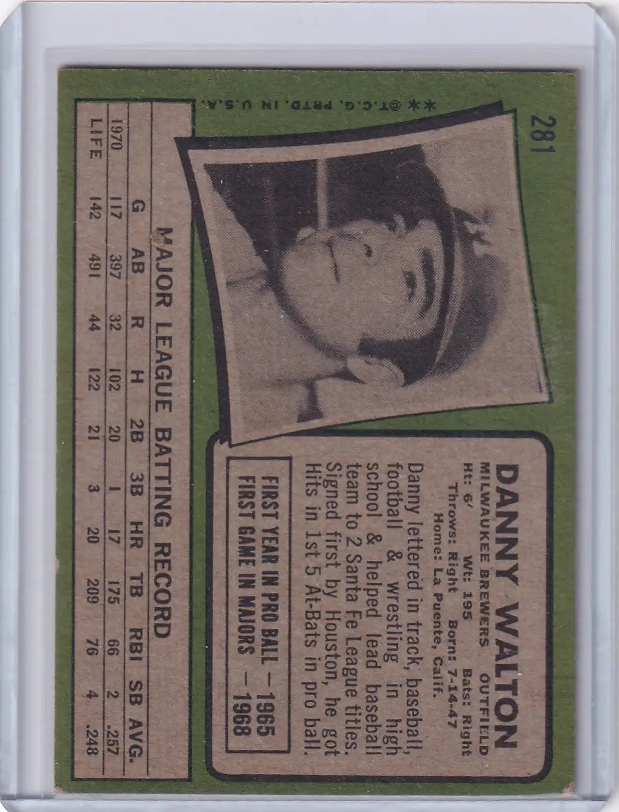 1971 Topps Baseball #281 Danny Walton - Milwaukee Brewers - Baseball Card Single
