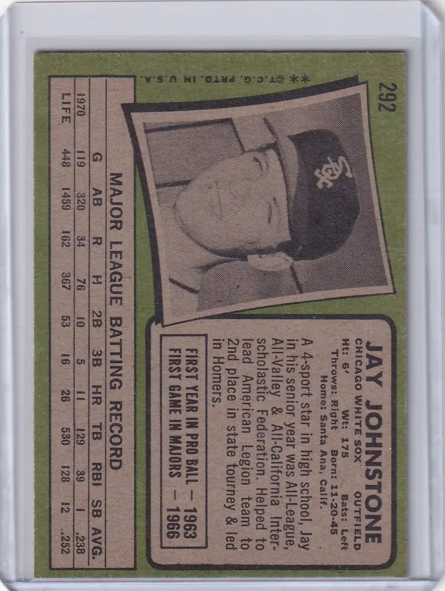 1971 Topps Baseball #292 Jay Johnstone - Chicago White Sox - Baseball Card Single