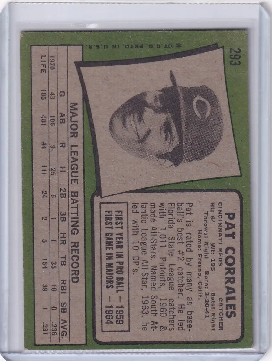 Vintage Topps Baseball card of Pat Corrales from Cincinnati Reds 1971 Topps Baseball