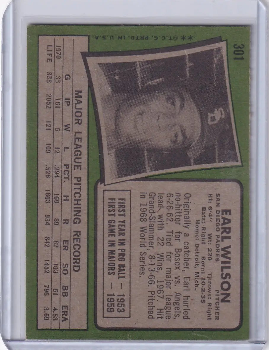 1971 Topps Baseball #301 Earl Wilson - San Diego Padres - Baseball Card Single