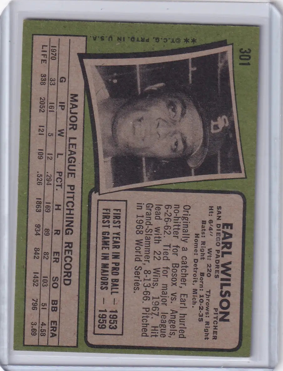 1971 Topps Baseball #301 Earl Wilson - San Diego Padres - Baseball Card Single