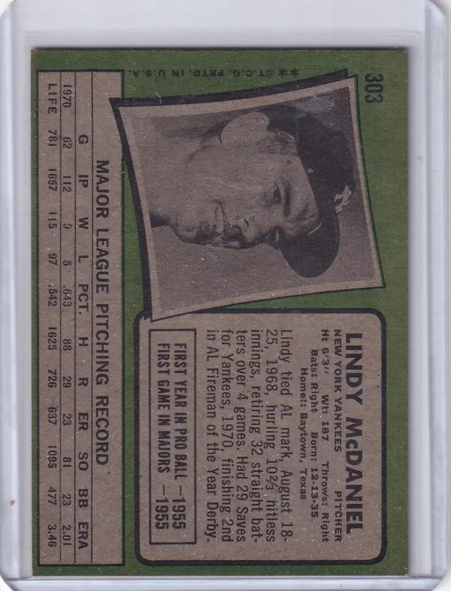 Vintage 1971 Topps Baseball #303 Lindy McDaniel New York Yankees card for collectors