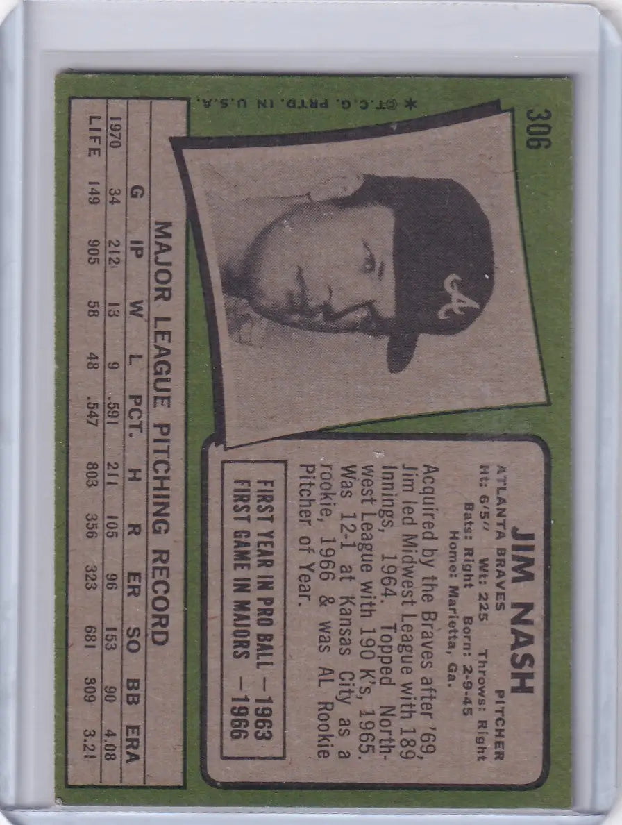 1971 Topps Baseball #306 Jim Nash - Atlanta Braves - Baseball Card Single