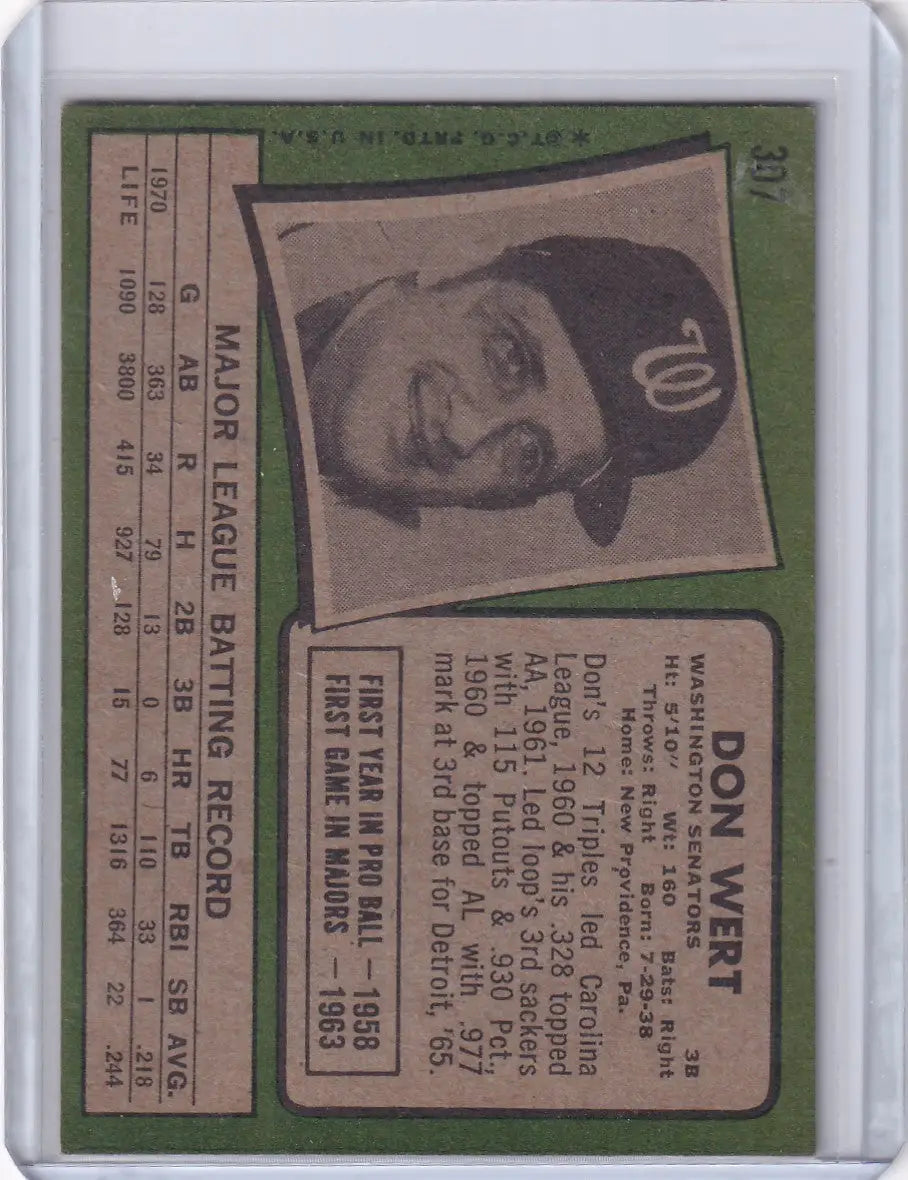 1971 Topps Baseball #307 Don Wert - Washington Senators - Baseball Card Single