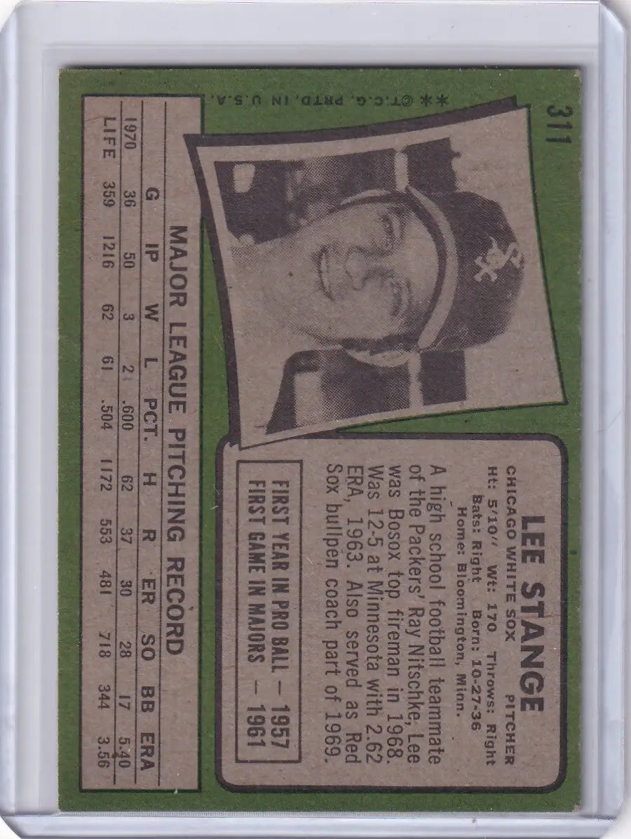 1971 Topps Baseball #311 Lee Stange card featuring Chicago White Sox portrait