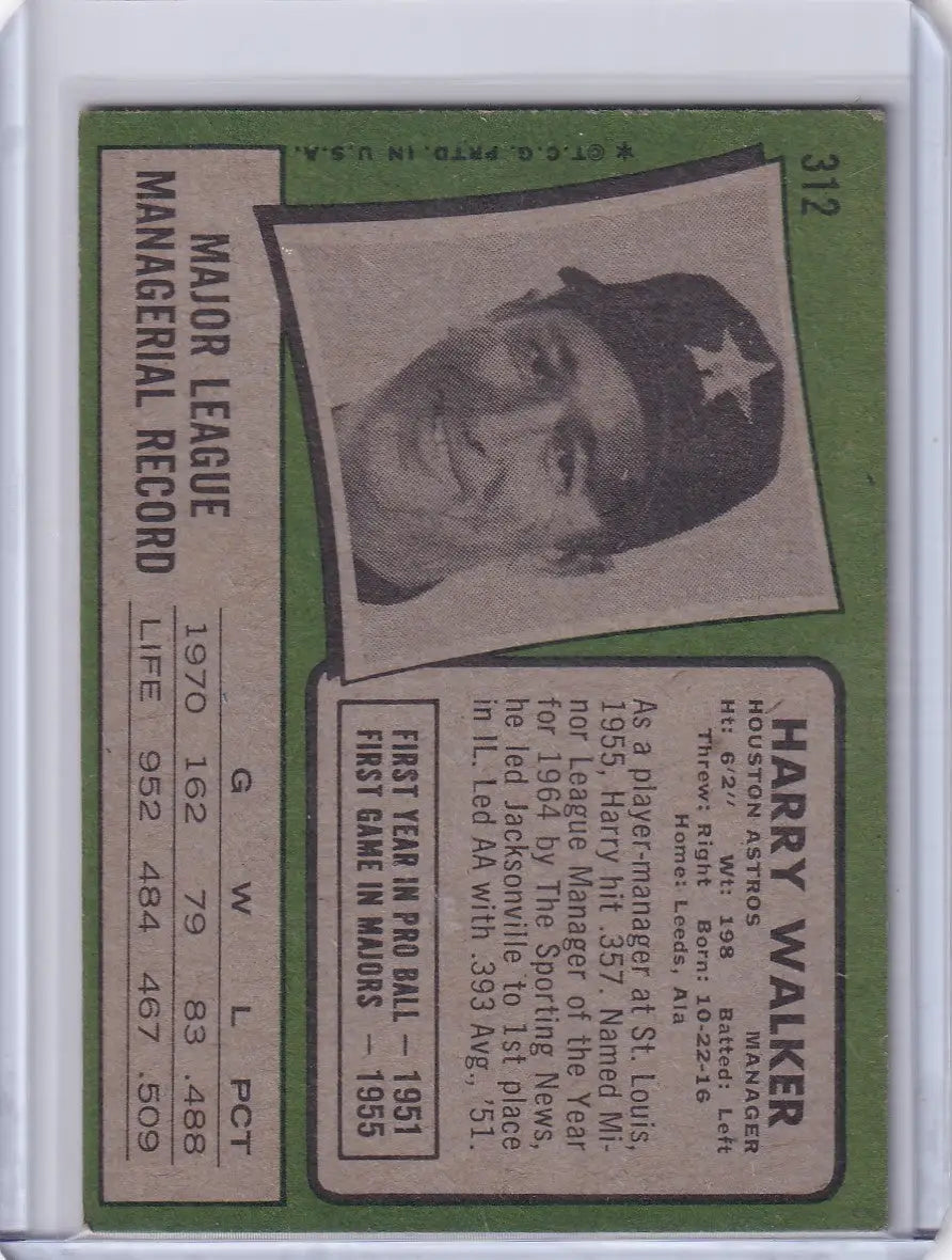 1971 Topps Baseball #312 Harry Walker - Houston Astros - Baseball Card Single