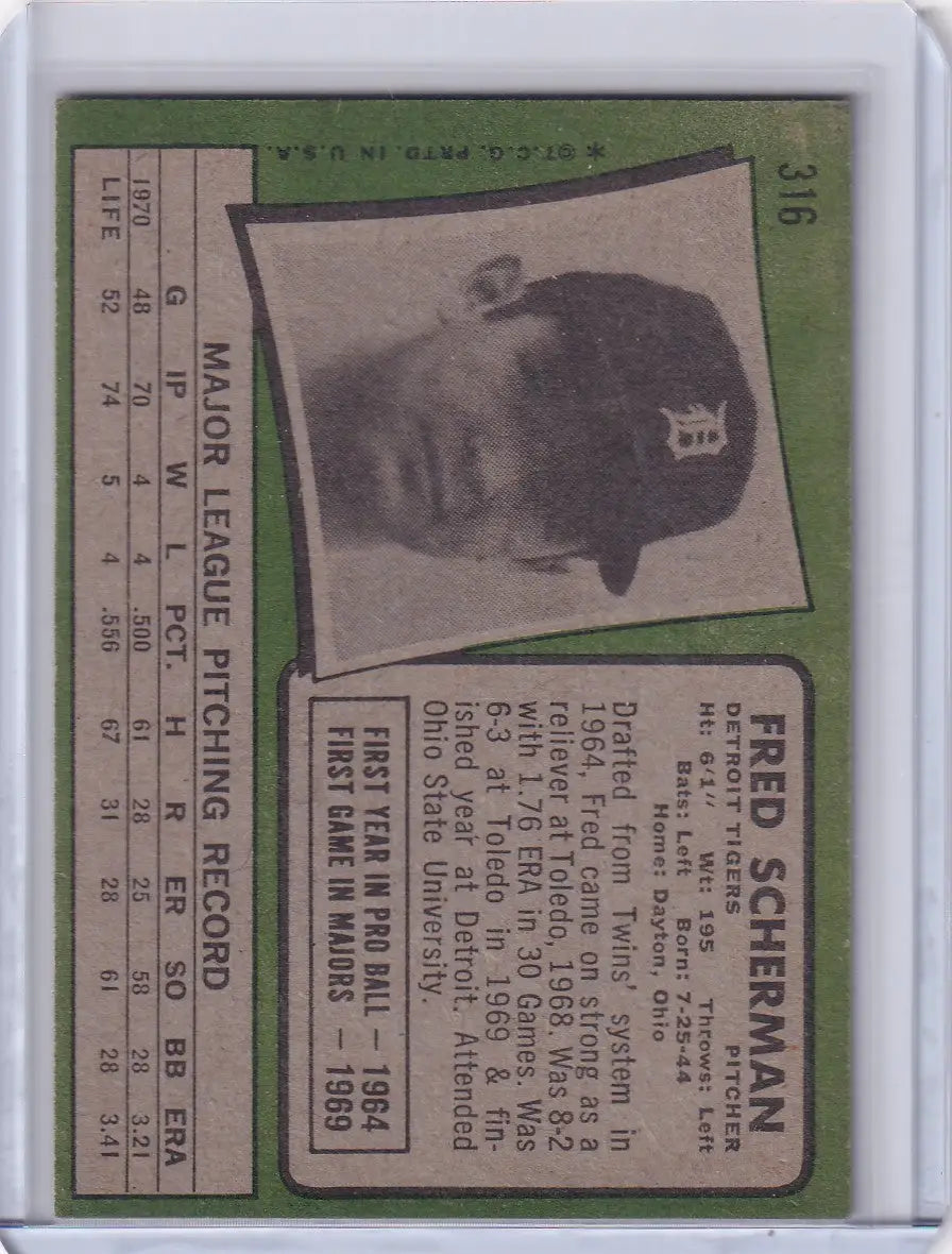Baseball card of Fred Scherman in a dark cap for Topps Baseball Detroit Tigers RC