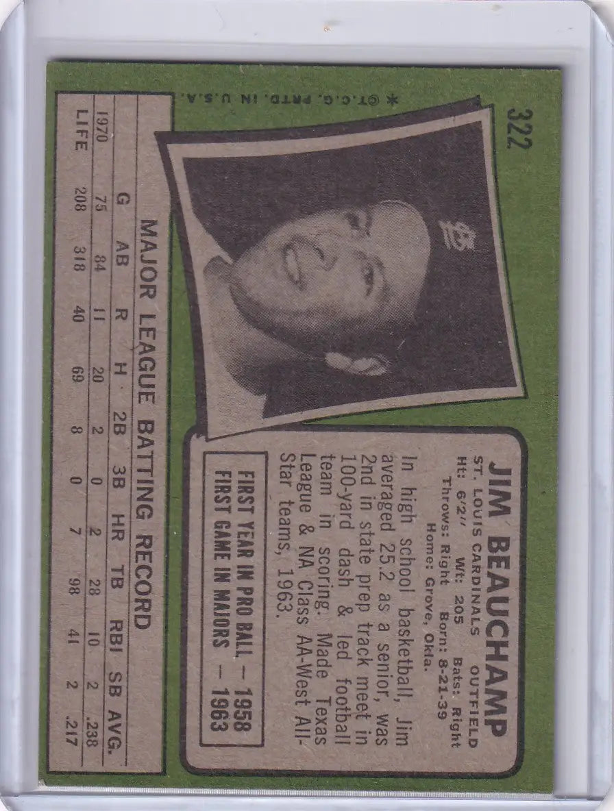 1971 Topps Baseball #322 Jim Beauchamp - St. Louis Cardinals - Baseball Card Single