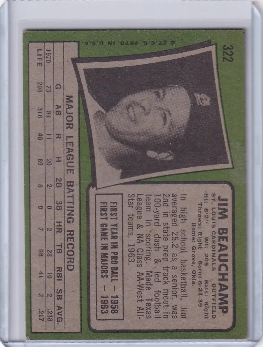 1971 Topps Baseball #322 Jim Beauchamp - St. Louis Cardinals - Baseball Card Single