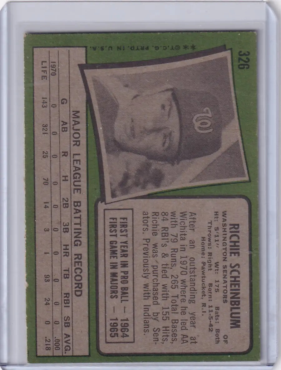 1971 Topps Baseball #326 Richie Scheinblum - Washington Senators - Baseball Card Single