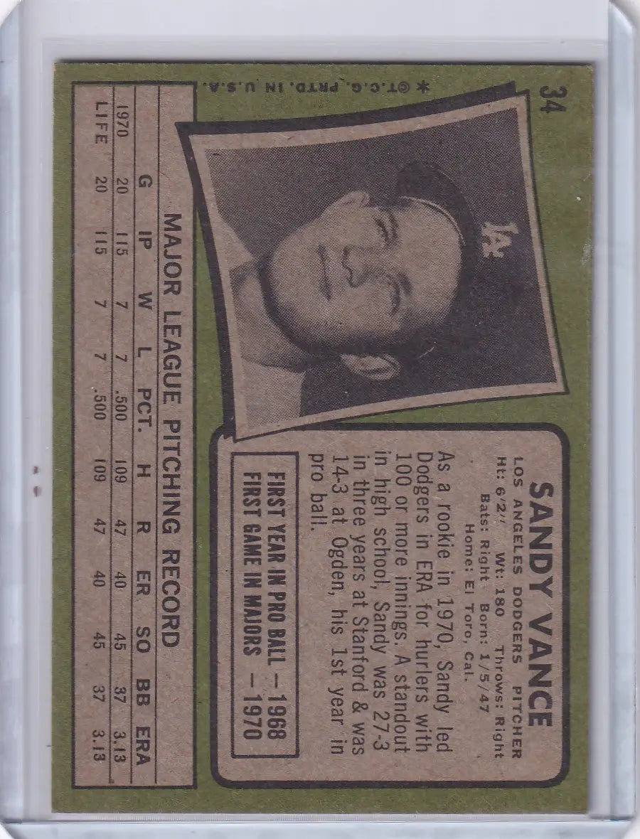 1971 Topps Baseball #34 Sandy Vance - Los Angeles Dodgers RC - Baseball Card Single